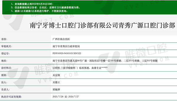 广西南宁牙博士口腔门诊部（青秀院）资质
