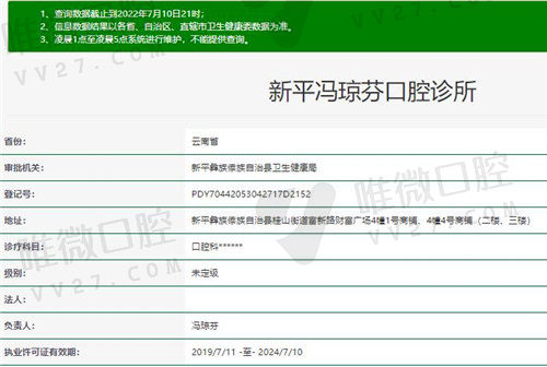 玉溪新平冯琼芬口腔诊所资质