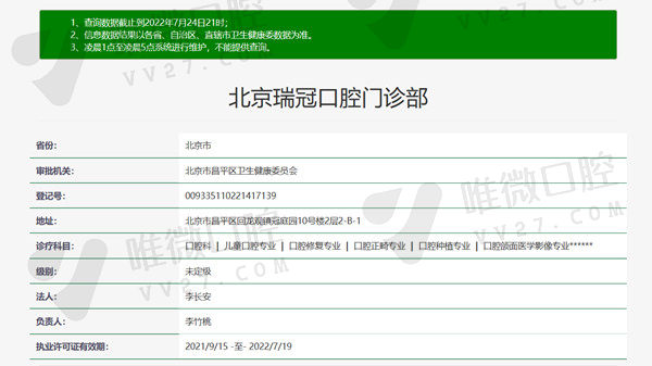 北京瑞冠口腔门诊部资质