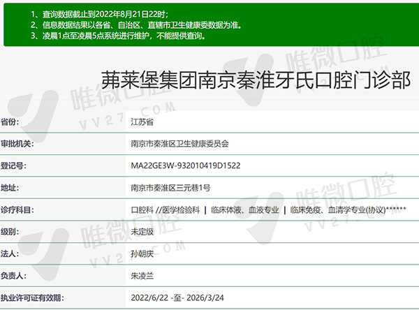 茀莱堡集团南京秦淮牙氏口腔门诊部资质