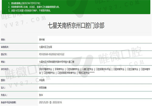 毕节七星关南桥京州口腔门诊部执业信息